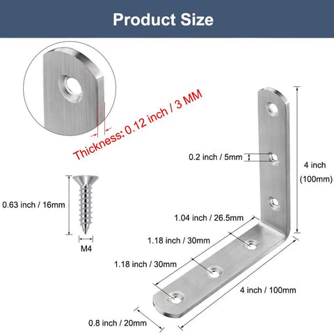 No Sweat Mounting 4X4 Inch Stainless Steel L Brackets dimensions diagram showing thickness, length, and screws included.
