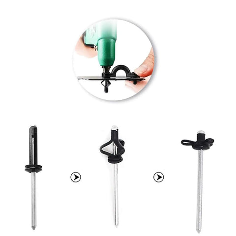 Aluminum Alloy Long Grip Tri Grip Rivets For Kayak Builds And Boats Marine Grade Tri Fold Bulb Mounting Rivets Blind Assortment Kit, shown with tools