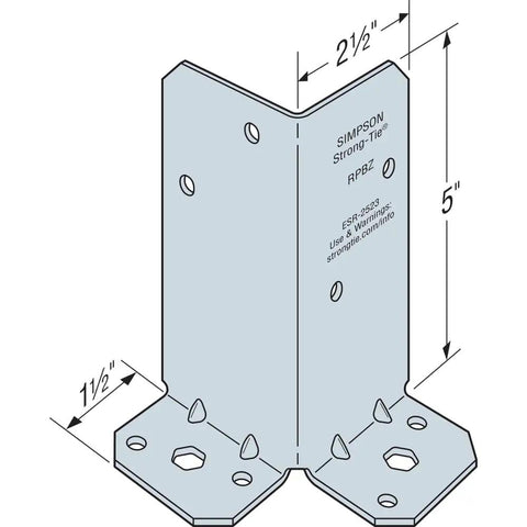 Diagram of RPBZ ZMAX Galvanized Retrofit Post Base for Double 2x4 Posts Pack of 12 with dimensions and mounting holes