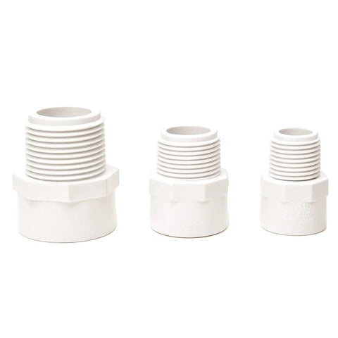 PVC Three Quarter Inch Two-Way Male Threaded Adapter Socket To Male Pipe Thread Fittings Schedule 40 White 10 Pack Slip End NPT Connector For DIY Plumbing Easy Install - set of three adapters