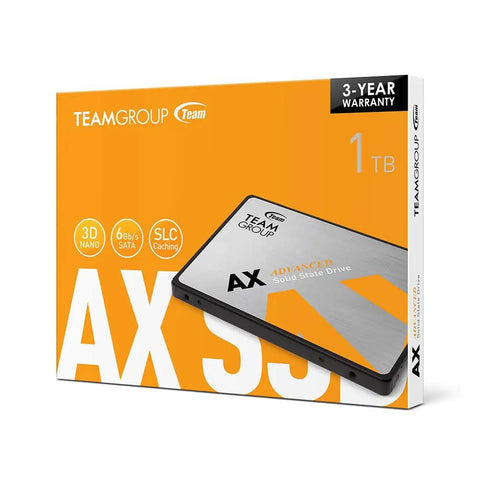 AX2 1TB 2.5 Inch SATA III SSD With 3D NAND TLC Read Up To 540 MBps, packaging box with product image