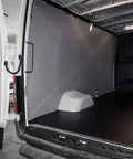 Premium Light Gray 4 mm Polypropylene Van Wall Liner With Full Hardware Kit For Commercial Cargo Panels, view of installed liner in van interior.
