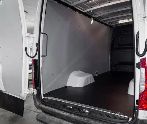 Premium Light Gray 4 mm Polypropylene Van Wall Liner With Full Hardware Kit For Commercial Cargo Panels, view of installed liner in van interior.
