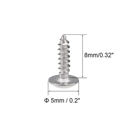 Badass 304 Stainless Steel 50 Pack 2X8mm Self Tapping Screws Phillips Pan Head Design With Built In Flange Washers for DIY builds, showing dimensions.