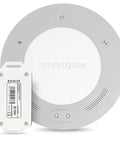 Smart Garage Door Opener Remote With App Control And Wireless Sensor That Plays Nice With Apple HomeKit Amazon Alexa Google Assistant And IFTTT Fits All Sectional Doors, showing ismartgate round device and sensor.