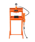 Hustle With This Bad Boy: Vevor 20 Ton Hydraulic Shop Press, front view showing orange H-frame, adjustable pneumatic press plate, and gauge.