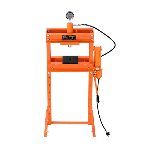Hustle With This Bad Boy: Vevor 20 Ton Hydraulic Shop Press, front view showing orange H-frame, adjustable pneumatic press plate, and gauge.