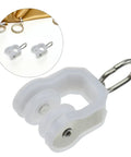 Smooth Operation Curtain Track Pulley Set Featuring Rock Solid Plastic Double Wheel Rollers For Seamless Sliding On Straight Or Curved Tracks Zero Hassle Easy DIY Fix white plastic roller with metal loop for curtain track.