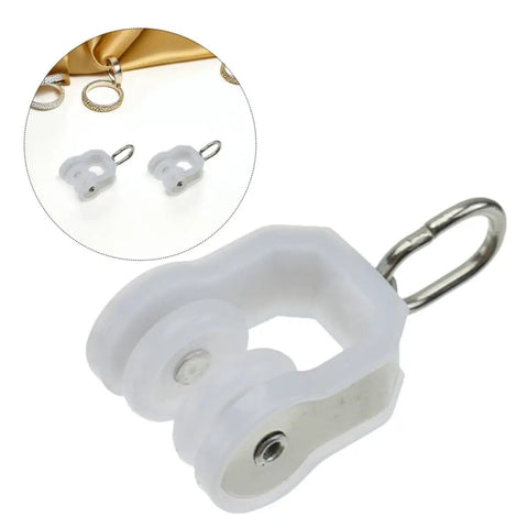 Smooth Operation Curtain Track Pulley Set Featuring Rock Solid Plastic Double Wheel Rollers For Seamless Sliding On Straight Or Curved Tracks Zero Hassle Easy DIY Fix white plastic roller with metal loop for curtain track.
