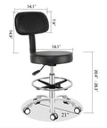 Rolling Stool With Back Support, Hydraulic Height Adjustable Swivel Chair For Office, Medical, Salon, Tattoo, Kitchen And Massage, Four Inch Thick Cushion, Mobile With Wheels, Grey, Without Foot Ring shown with dimensions.