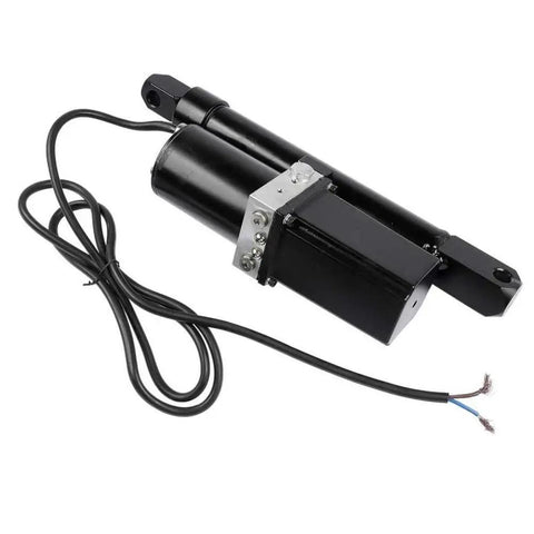 Hydraulic Linear Actuator 12 Volt 8 Inch Stroke 1700 Pound Force Output Heavy Duty Workhorse For Farm And Garden Projects With Rock Solid Precision Control, black metal actuator with wiring.