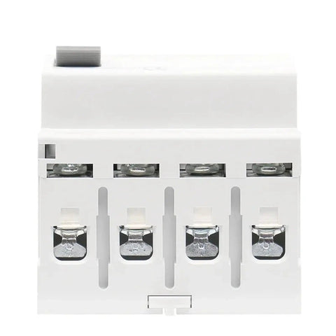 Hardworking Type A RCD ELCB Safety Switch 4 Pole Breaker that Handles Pulsating Current Like A Boss, white casing, 4 pole design.