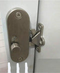 Close-up of Sliding Door Lock Hasp Gate Latch Barn Privacy Bolt Stainless Steel on door with installation hardware details.