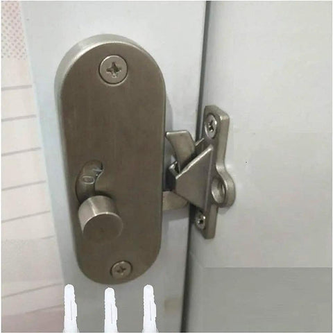 Close-up of Sliding Door Lock Hasp Gate Latch Barn Privacy Bolt Stainless Steel on door with installation hardware details.