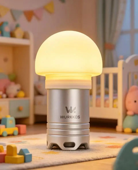 Mushroom-shaped night light glowing warmly in a cozy children's room with toys and crib in the background.