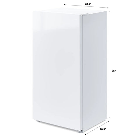 Total Game Changer 17 Cu Foot Convertible Upright Freezer And Fridge With Slick White Finish showing dimensions 32.8 x 28.9 x 65 inches.