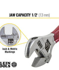 Adjustable Drive Wrench, Half Inch Jaw Capacity, Half Inch Jaw Capacity, Four Inch Length, High Polish Chrome Finish, Plastic Dipped Handle