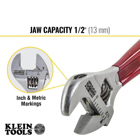 Adjustable Drive Wrench, Half Inch Jaw Capacity, Half Inch Jaw Capacity, Four Inch Length, High Polish Chrome Finish, Plastic Dipped Handle