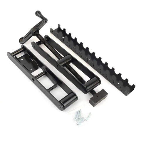 Heavy Duty 4 Way Panel Clamp For Fine Woodworking, black, with threaded bar and accessories for secure clamping.