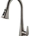 High Arc Single Handle Kitchen Faucet With Pull Down Sprayer In Matte Gray Stainless Steel, showing swan neck design.
