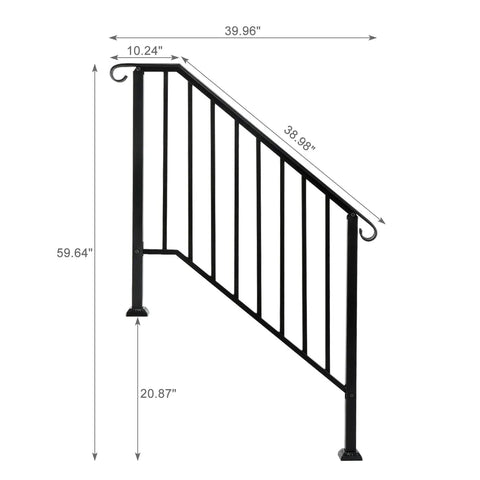 Heavy Duty Wrought Iron Handrails For Outdoor Steps, 39.96x59.64 inch black metal railing, fits three to four steps securely.