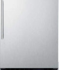 Slick Frost Free Upright Freezer With Killer Stainless Steel Finish And Adjustable Digital Thermostat For No Sweat Built In Or Freestanding Kitchen Setup In 24 Inch Spaces front view with digital display.