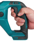 Close-up of hand holding 18V Cordless Reciprocating Saw Tool Only With Variable Speed Trigger And Tool Free Blade Change in blue