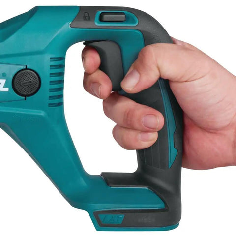 Close-up of hand holding 18V Cordless Reciprocating Saw Tool Only With Variable Speed Trigger And Tool Free Blade Change in blue