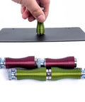 Magnetic PCB Holder Set 4 Piece for Soldering Circuit Boards, green and red holders on black base, non-conductive design