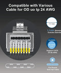 100 Pack Shielded Cat6 RJ45 Pass Through Connectors diagram with cable compatibility and dimensions for Ethernet setups