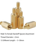 380 Pcs M2 Brass Threaded Hex Spacers Assortment Kit For DIYers With 15 Sizes 3mm To 30mm M2 Thread Standoffs For PCB And Motherboard Mounting Durable Metal Spacers Organized In Clear Case brass male-to-female standoffs