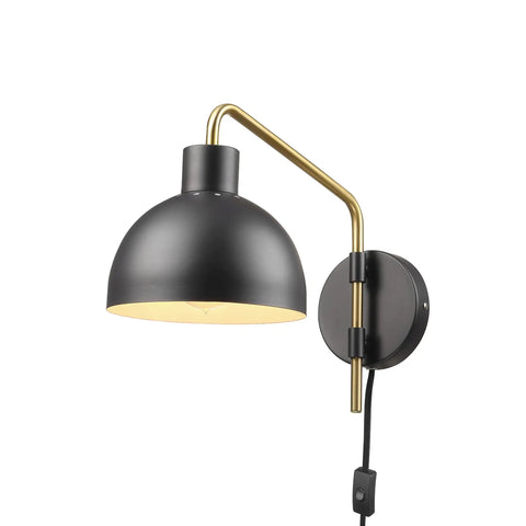 Farmhouse Chic Plug In Or Hardwired Wall Sconce With Matte Dark Gray Finish And Antique Brass Accent Arm Black Fabric Cord And Inline On Off Switch Perfect For Bedroom Lighting And Hallways