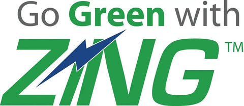Go Green with Zing logo featuring green and blue text with a lightning bolt design.