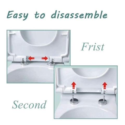 Top Shelf Elongated Toilet Seat With Soft Close Slow Closing Lid Made Pretty Dang Durable From Quality Resin And Using Smooth Stainless Steel Hinges to show easy disassembly steps.