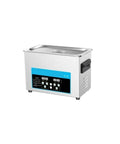 Industrial Grade Ultrasonic Cleaner Tank For Auto Shops And Labs, Hella Tough On Scrubbing Carbon Deposits From Circuit Boards And Fuel Injectors, 4.5 Liter Basin in silver with control panel.