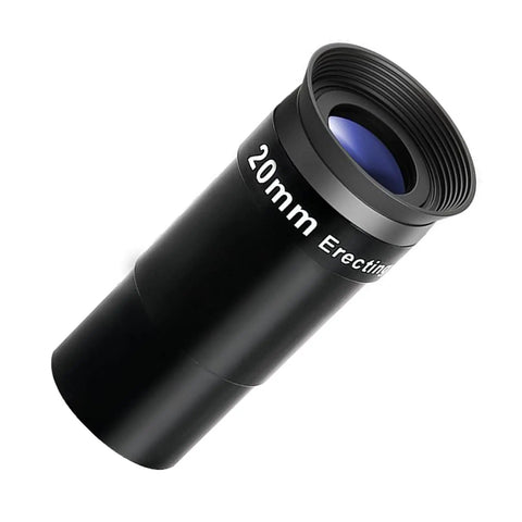 20mm Wide Angle Erecting Eyepiece for 1.25 Inch Telescopes With Broad Field Of View, Crisp Comfort Fit, Right Side Up Optics, shown at an angle.