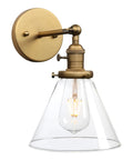 1 Light Wall Mount Sconce With Funnel Flared Clear Glass Shade Handblown Glass Lampshade Dope Industrial Antique Gold Finish