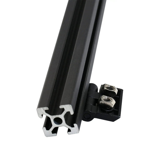 Black Metal Door Frame Hinges With Screws And T Nuts For Slotted Aluminum Extrusion Profiles 2020 3030 4040 Series close-up view