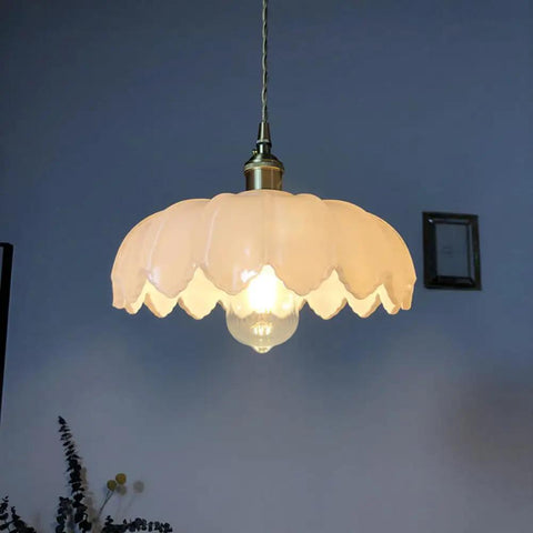 Flower Glass Pendant Light, Ceiling Colorful Lamp, Modern Farmhouse Fixture in white, illuminating a cozy space.