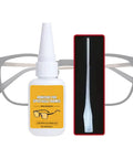 Eyewear Frames Repair Glue With Fine Tip Quick Bonding for Broken Glasses Temples with gray eyeglass frame and applicator.