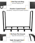 Diagram of 8ft Outdoor Firewood Rack With Heavy Duty Stand And Adjustable Length, highlighting features like anti-tip lock, powder-coated finish, and high-strength steel construction.