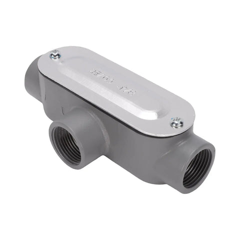 Heavy Duty T Type Conduit Body Three Quarter Inch Die Cast Aluminum Threaded Electrical Fitting with removable cover plate.