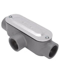 Premium Heavy Duty T Type Conduit Body 3/4 Inch Die Cast Aluminum Threaded, angled view highlighting tapered design and threaded openings.