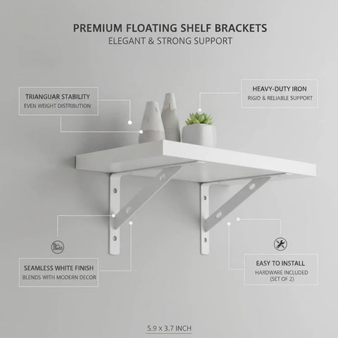 Fast Install White Iron Shelf Brackets For Floating Shelves No Fuss Easy Mount Triangular Supports Heavy Duty Metal 5.9x3.7 Inches