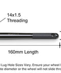 M14x1.5 Wheel Hanger Alignment Tool, 160mm length, 14.5mm thick, black finish for easy tire swaps and vehicle mounting.