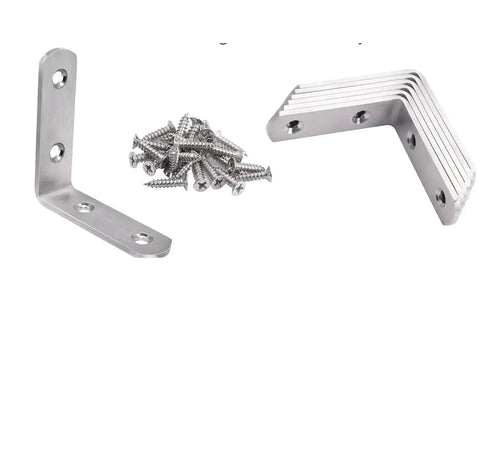 Heavy Duty Stainless Steel L Brackets For Wood Shelves And Furniture, Rust Proof Right Angle Corner Brackets With 108 Screws, showing metal brackets and screws.