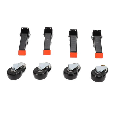 Heavy Duty Workbench Casters With Retractable 3 Inch Swivel Wheels 1100 Lbs Capacity Step Down Lift System, shown from the front with two types of wheels.