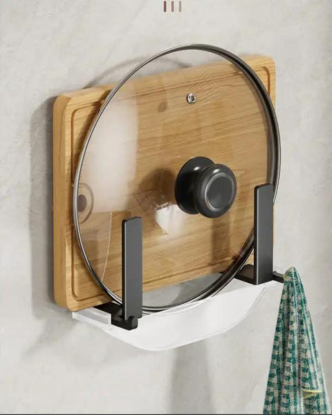 Wall Mounted Pot Lid Rack And Cutting Board Shelf With Drain Pan Self Adhesive Carbon Steel Space Saving Storage Rack
