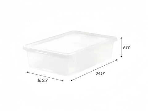 Heavy Duty Clear Plastic Storage Bins Are The Real Deal With Secure Snap Top Lid Stackable Under Bed Totes 28 Quart Low Profile storage container dimensions 24x16.25x6 inches.