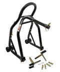 Front view of Sport Bike Front And Rear Lift Stand With Spool Style And Triple Tree Attachment, Fork Cradle Or Headlift Design, black metal.